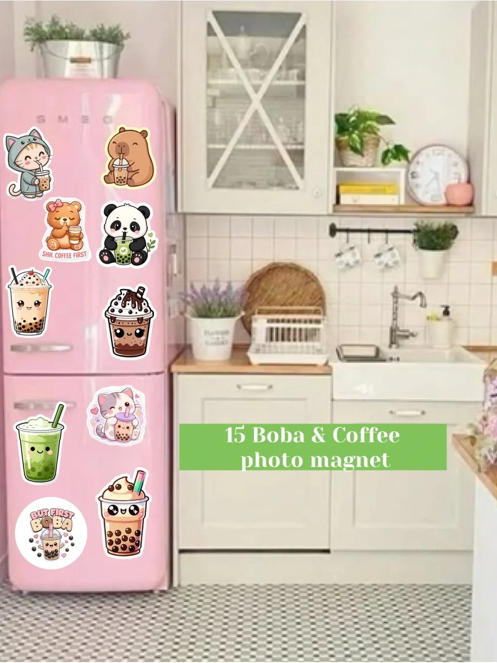 Cute Boba Magnets - Pink Kawaii Drink 15 Magnet Set